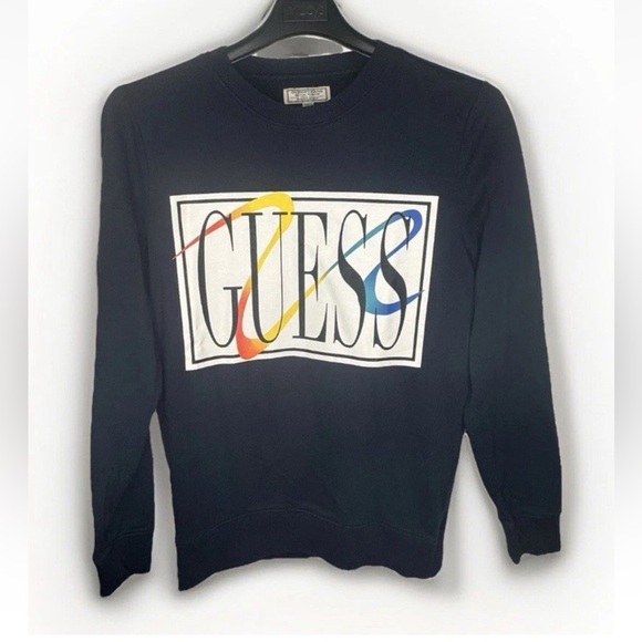 Guess Sweatshirt Vintage Retro Spell Out Pullover Sweater Men’s Small Navy Blue - Picture 1 of 5